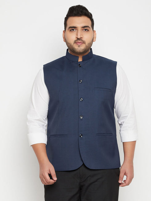 Vastramay Men's Plus Size Blue Cotton Blend Nehru Jacket